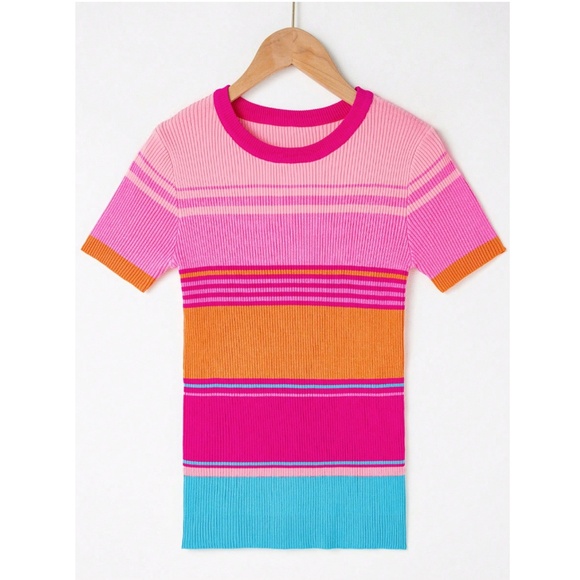 Knit Striped Pink Blue Orange Short Sleeve Crew Neck Tee Shirt Top - Picture 4 of 12
